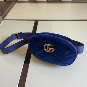 Authentic GUCCI Blue Velvet + LEATHER QUILTED CHEVRON MARMONT MATELASSE BELT BAG